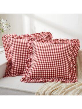 Ruffle Gingham Pillow Covers Set of 2, 20"x20", Red Plaid Decorative Cushions